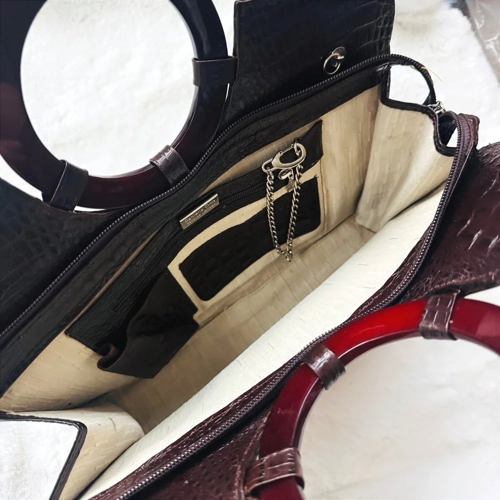 Daniella Ortiz Burgundy Crocodile Embossed Genuine Leather Bag Round Handle Tote